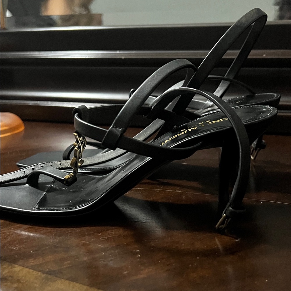 Saint Laurent Black Heeled Sandals with Gold Logo - Picture 3 of 6